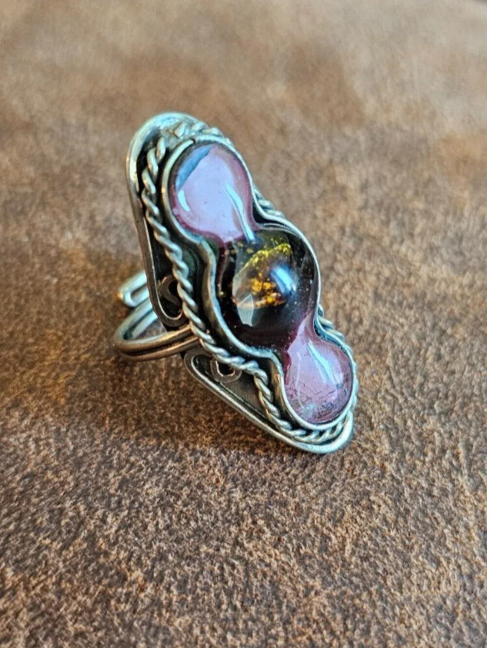Vintage Y2K Boho Statement Piece Ring Elongated Inlay Pink Gold Festival Sz 8